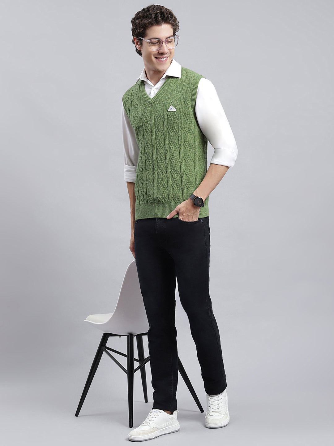 Men Green Self Sweater