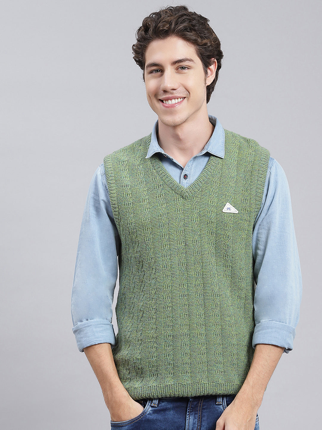 Men Green Self Design Lamb wool Sweater