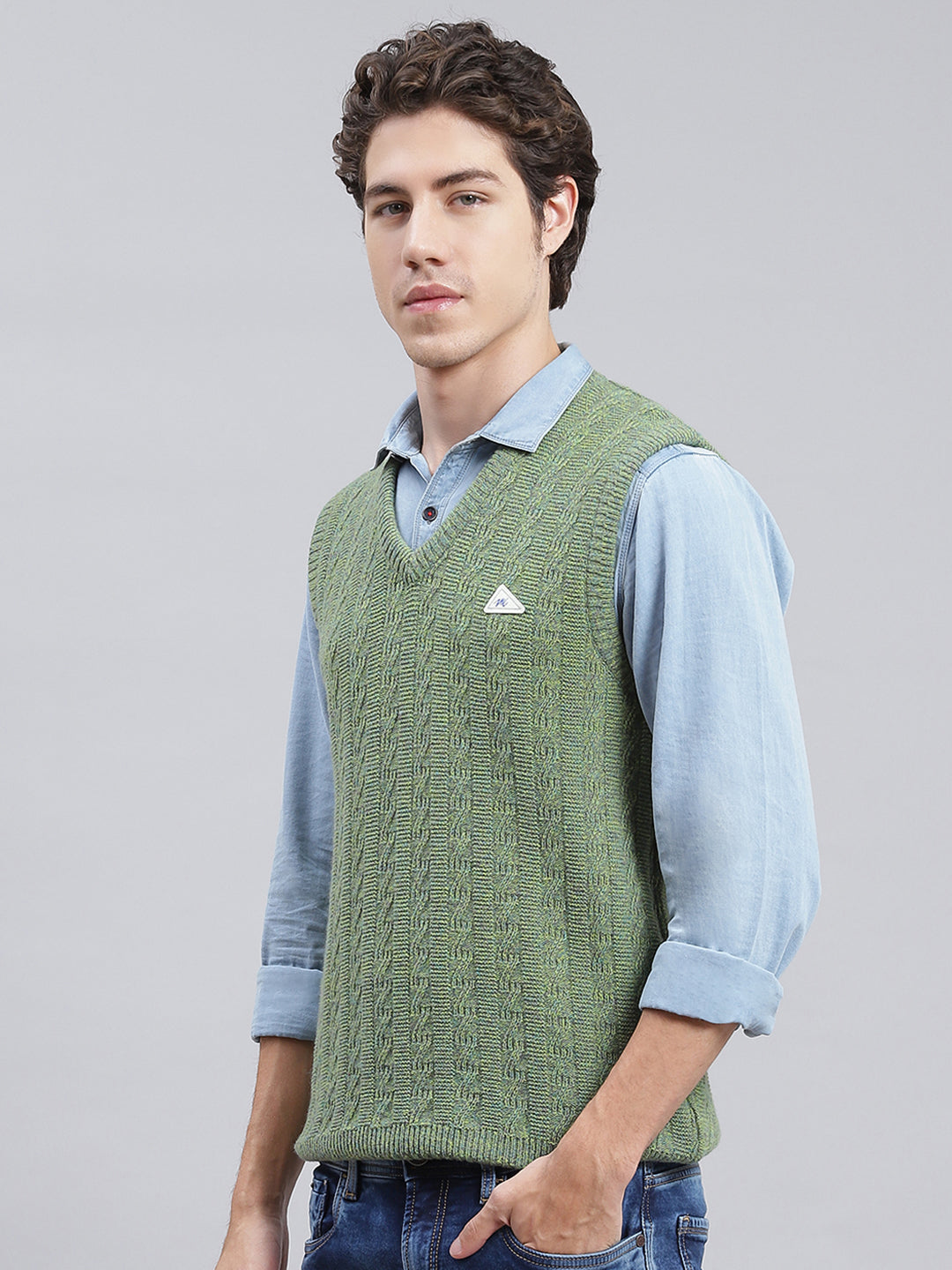 Men Green Self Design Lamb wool Sweater