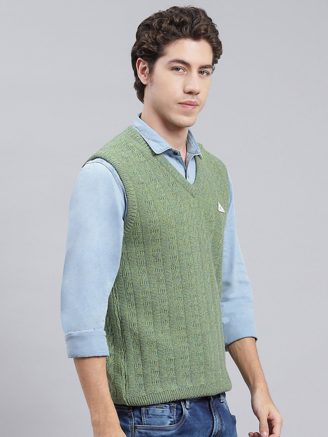 Men Green Self Design Lamb wool Sweater