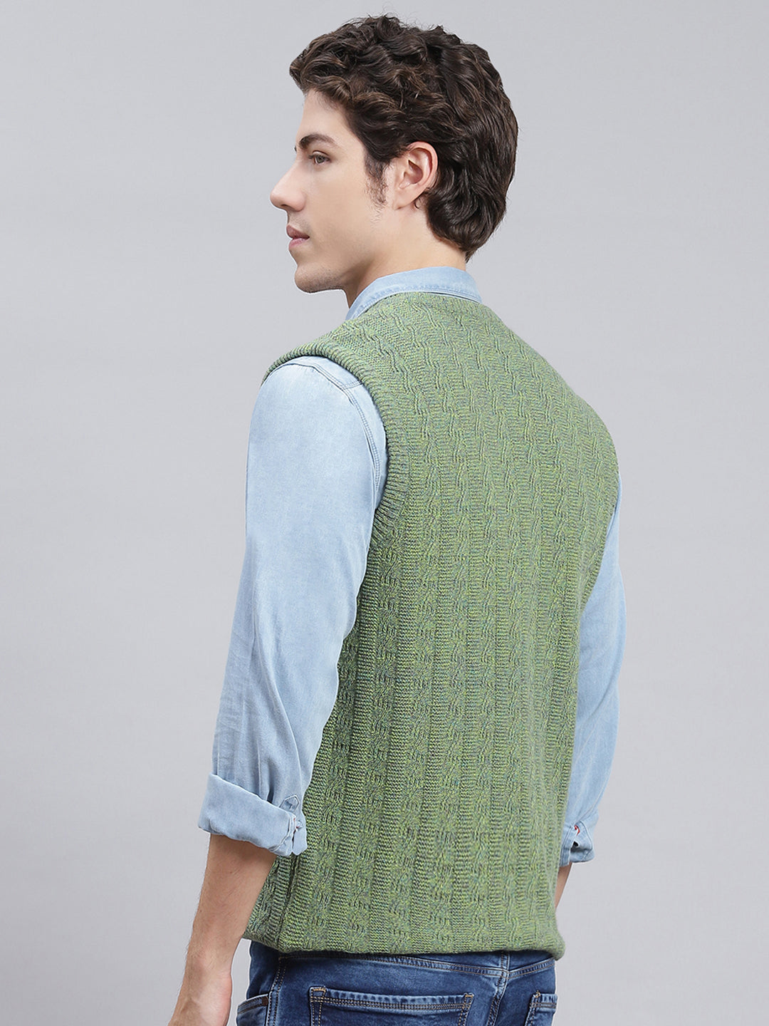 Men Green Self Design Lamb wool Sweater