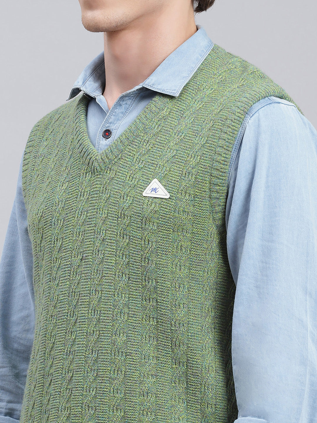 Men Green Self Design Lamb wool Sweater