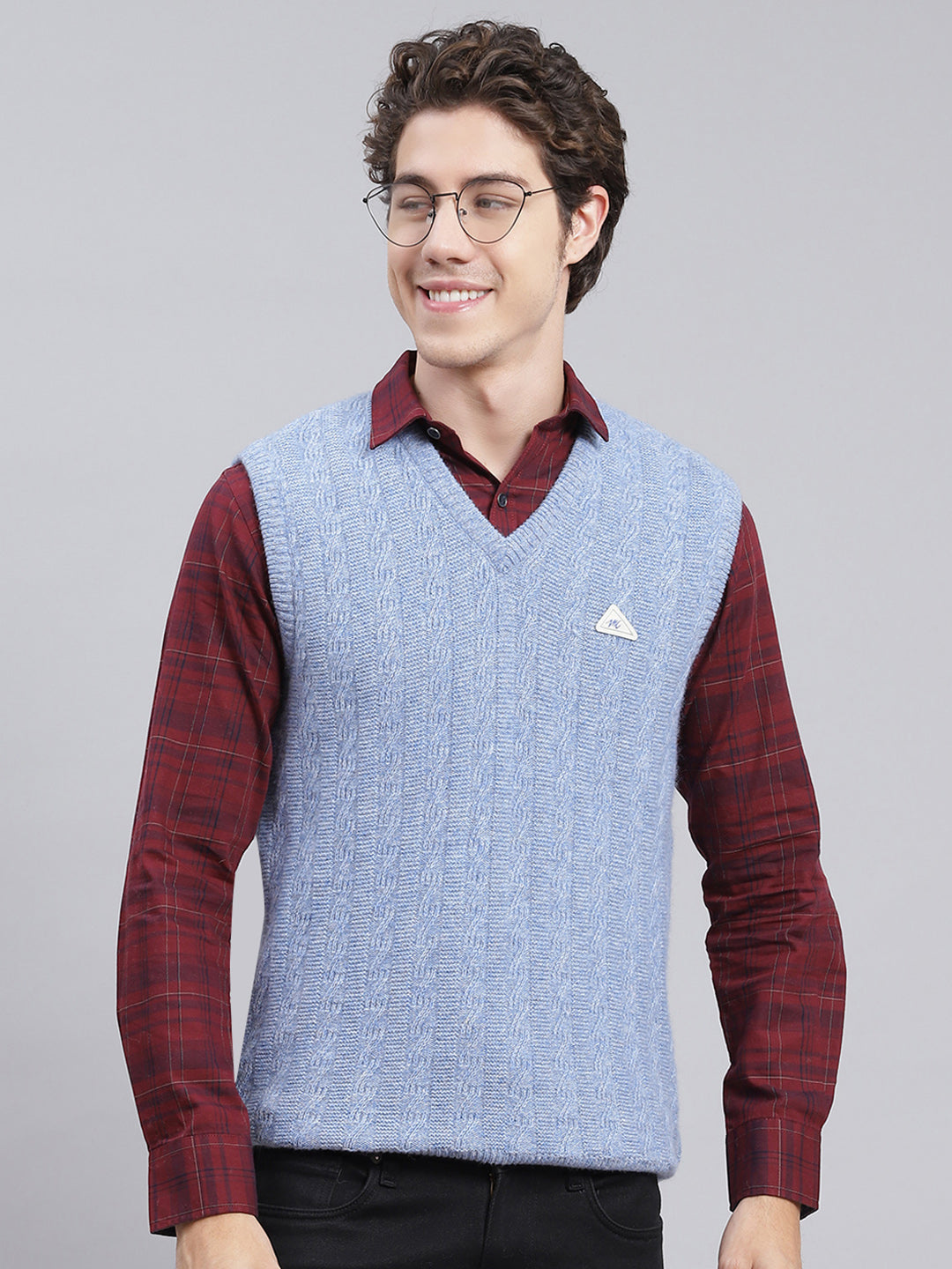 Men Sky Blue Self Design Lamb wool Sweater