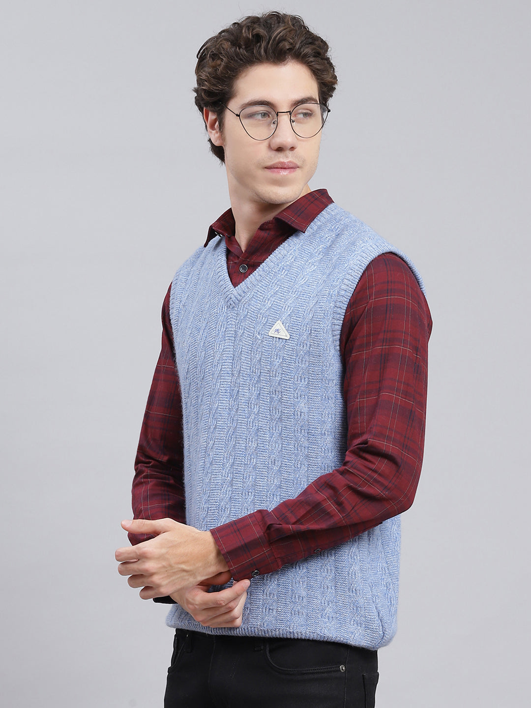 Men Sky Blue Self Design Lamb wool Sweater