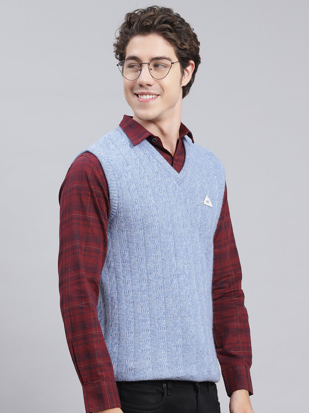 Men Sky Blue Self Design Lamb wool Sweater