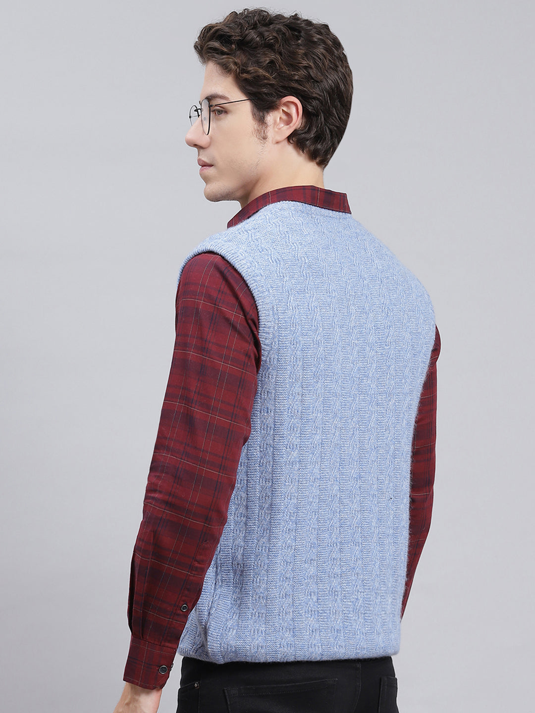 Men Sky Blue Self Design Lamb wool Sweater