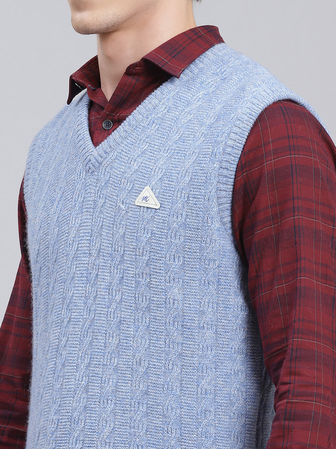 Men Sky Blue Self Design Lamb wool Sweater