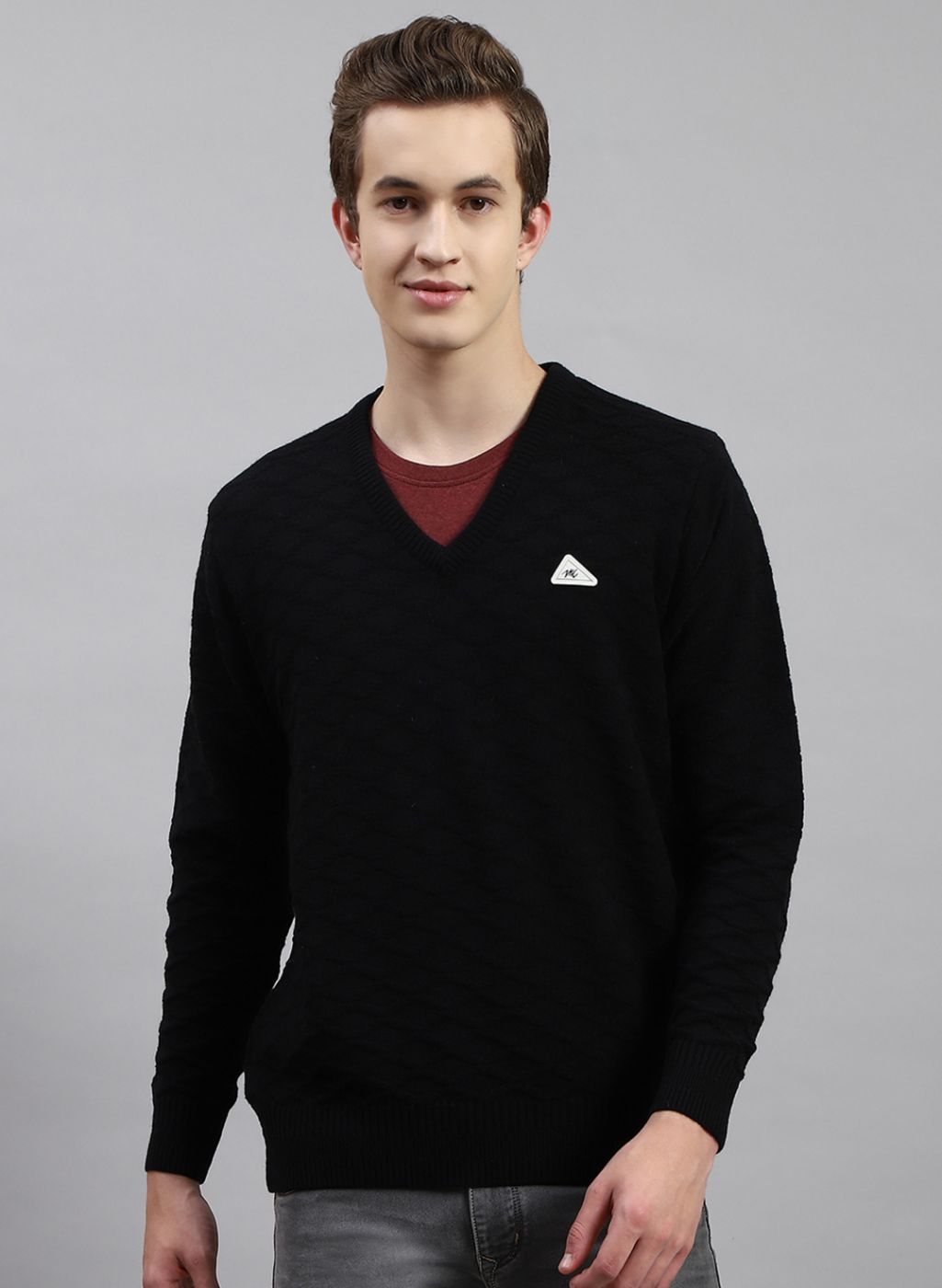 Men Black Self Design Wool blend Pullover