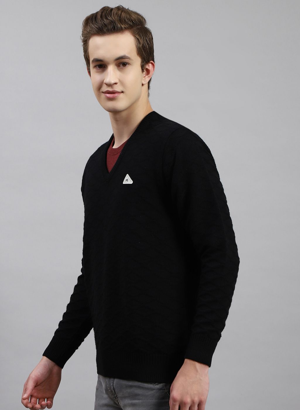 Men Black Self Design Wool blend Pullover