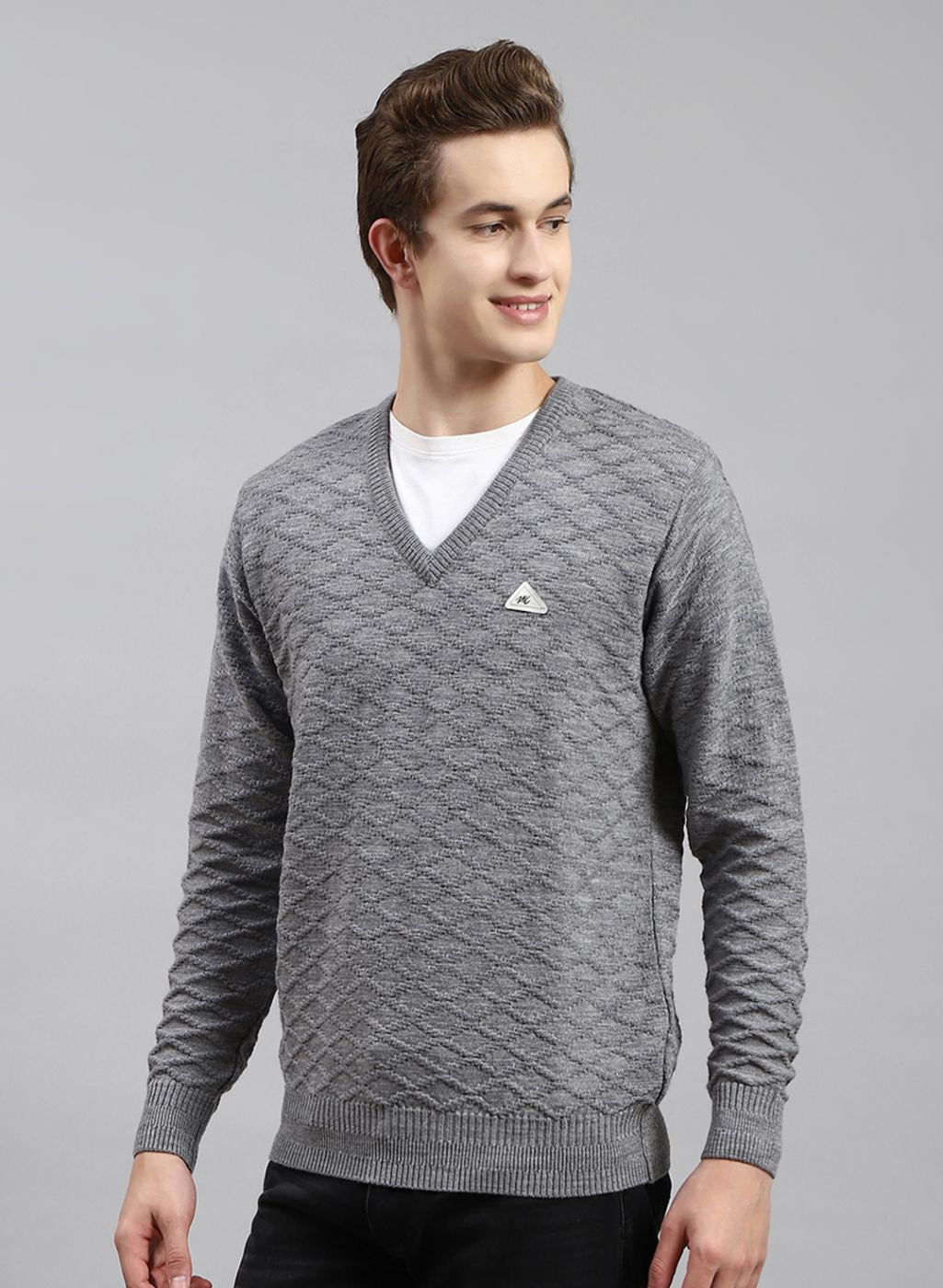 Men Grey Self Design Wool blend Pullover