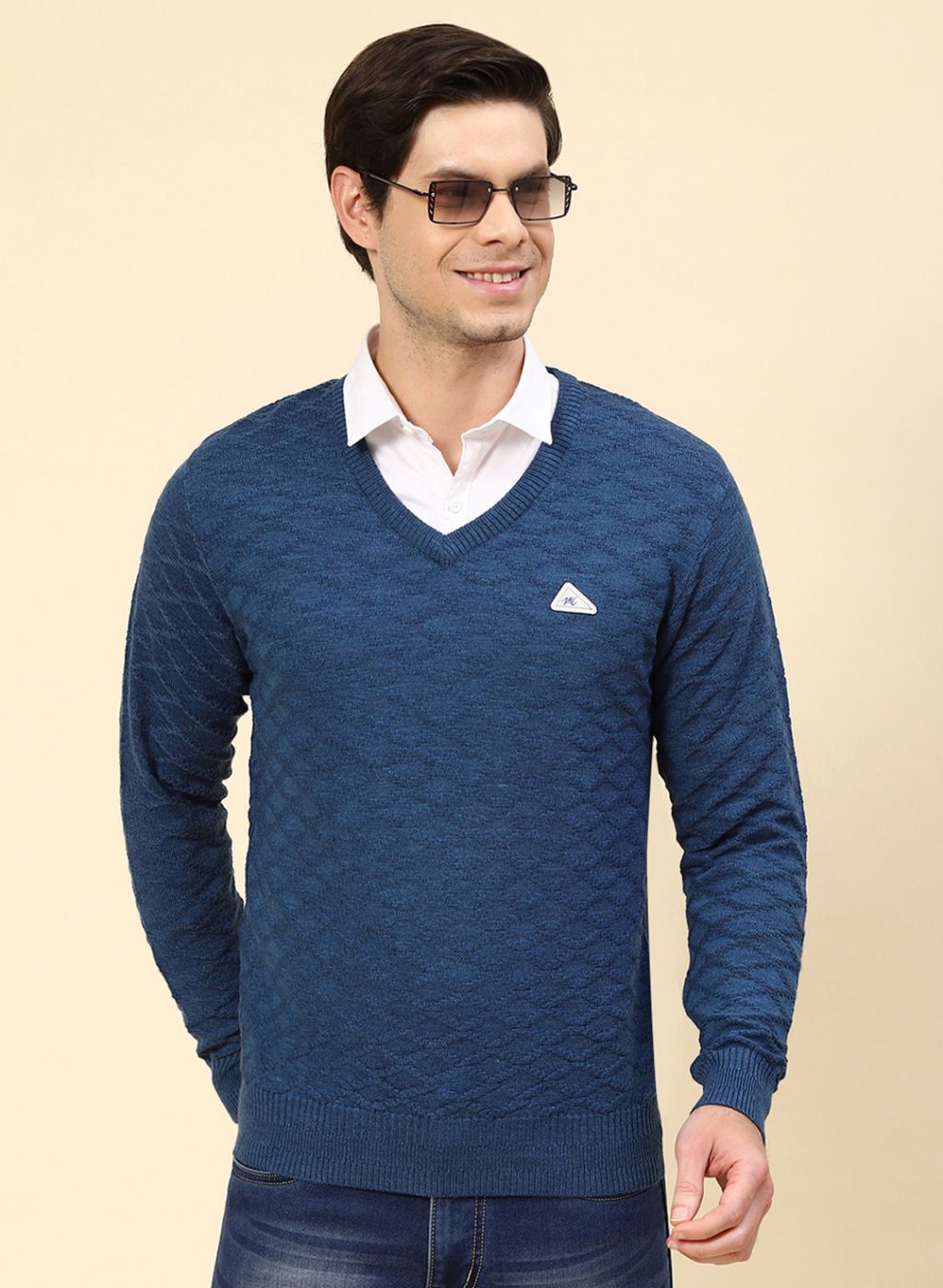 Men NAvy Blue Self Design Wool blend Pullover