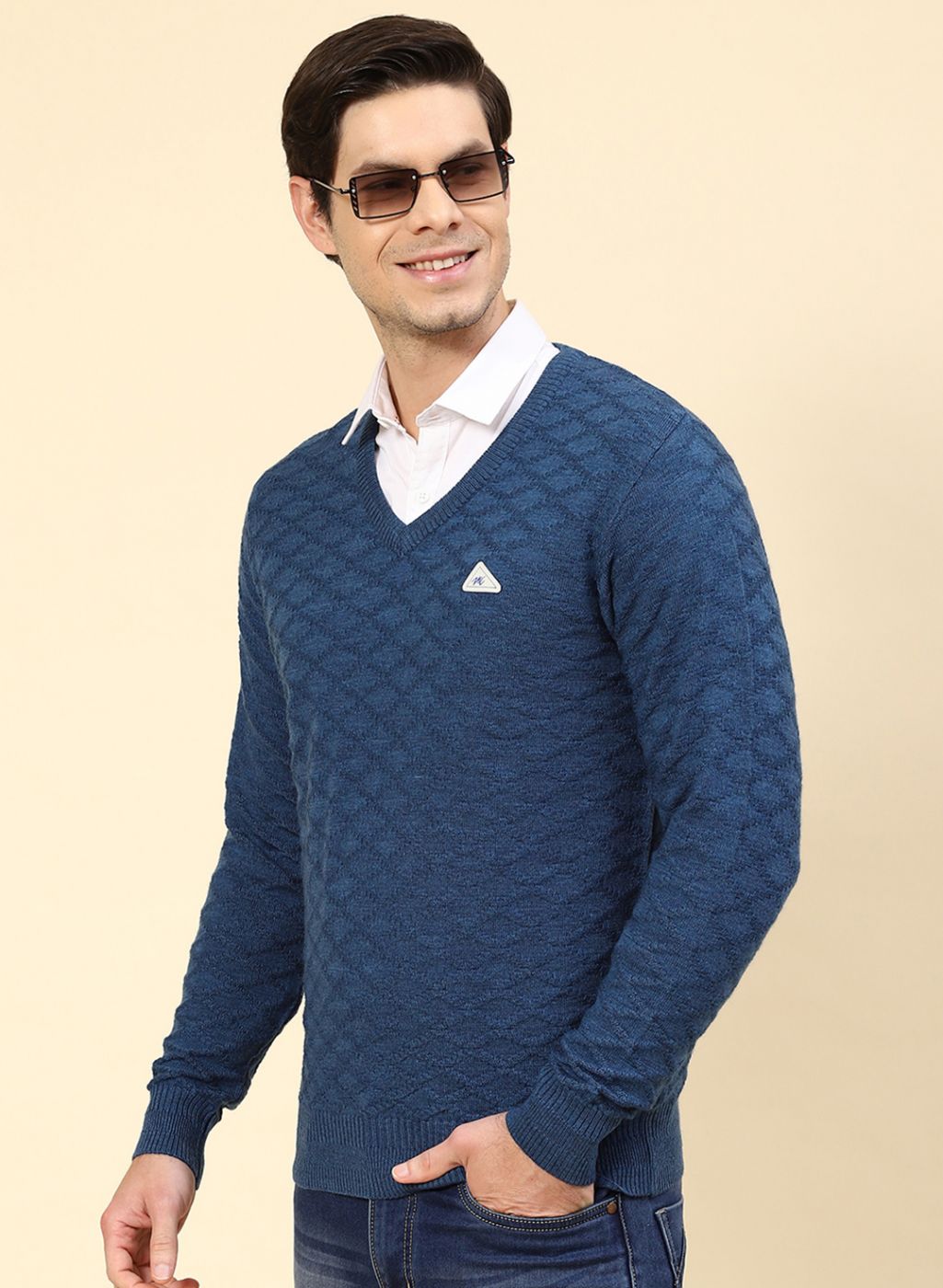 Men NAvy Blue Self Design Wool blend Pullover