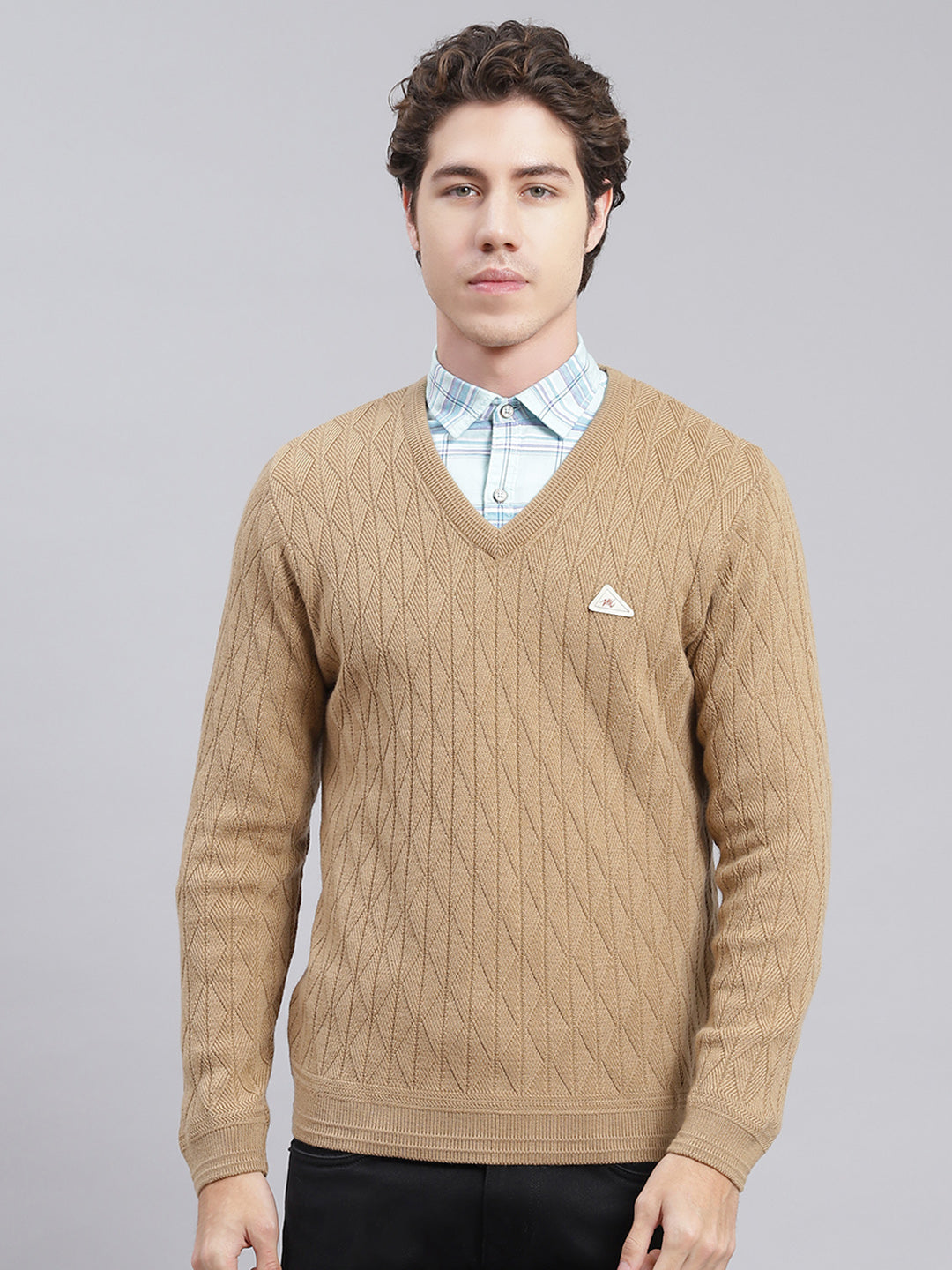 Men Camel Brown Self Design Wool blend Pullover