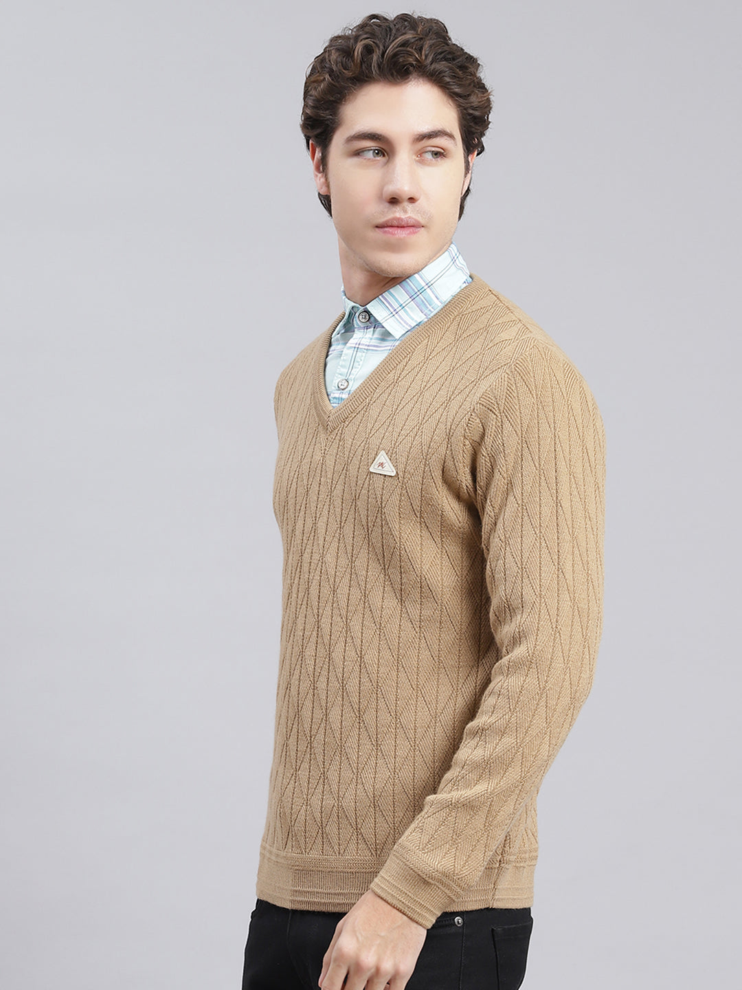 Men Camel Brown Self Design Wool blend Pullover