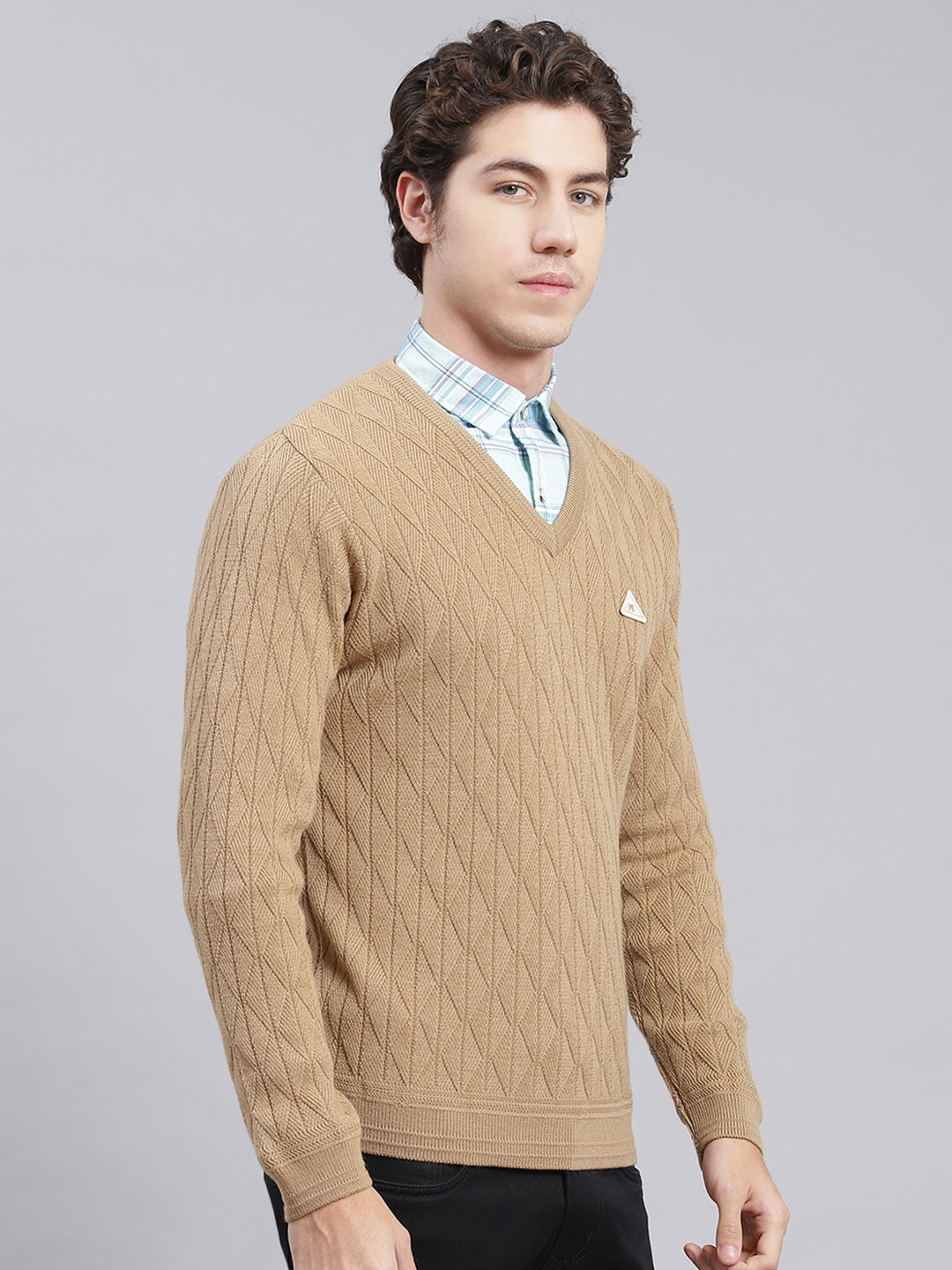 Men Camel Brown Self Design Wool blend Pullover