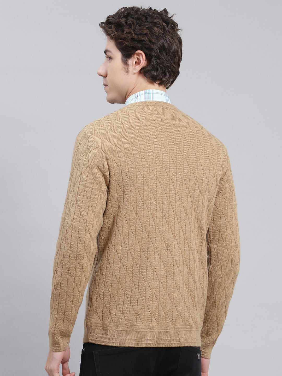 Men Camel Brown Self Design Wool blend Pullover