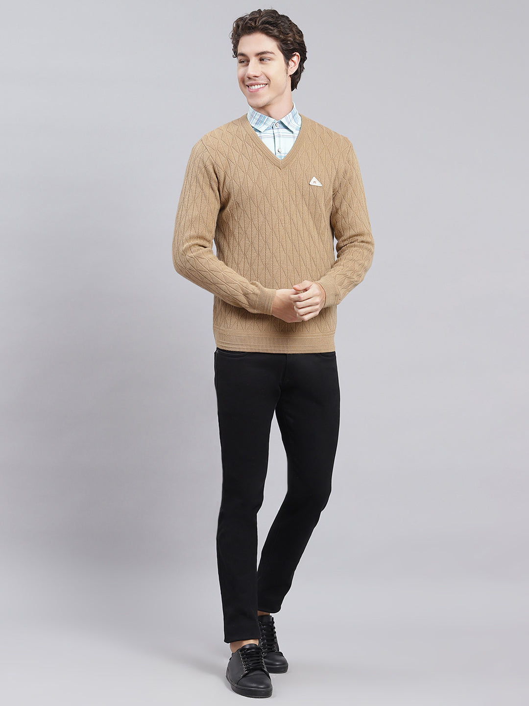 Men Camel Brown Self Design Wool blend Pullover