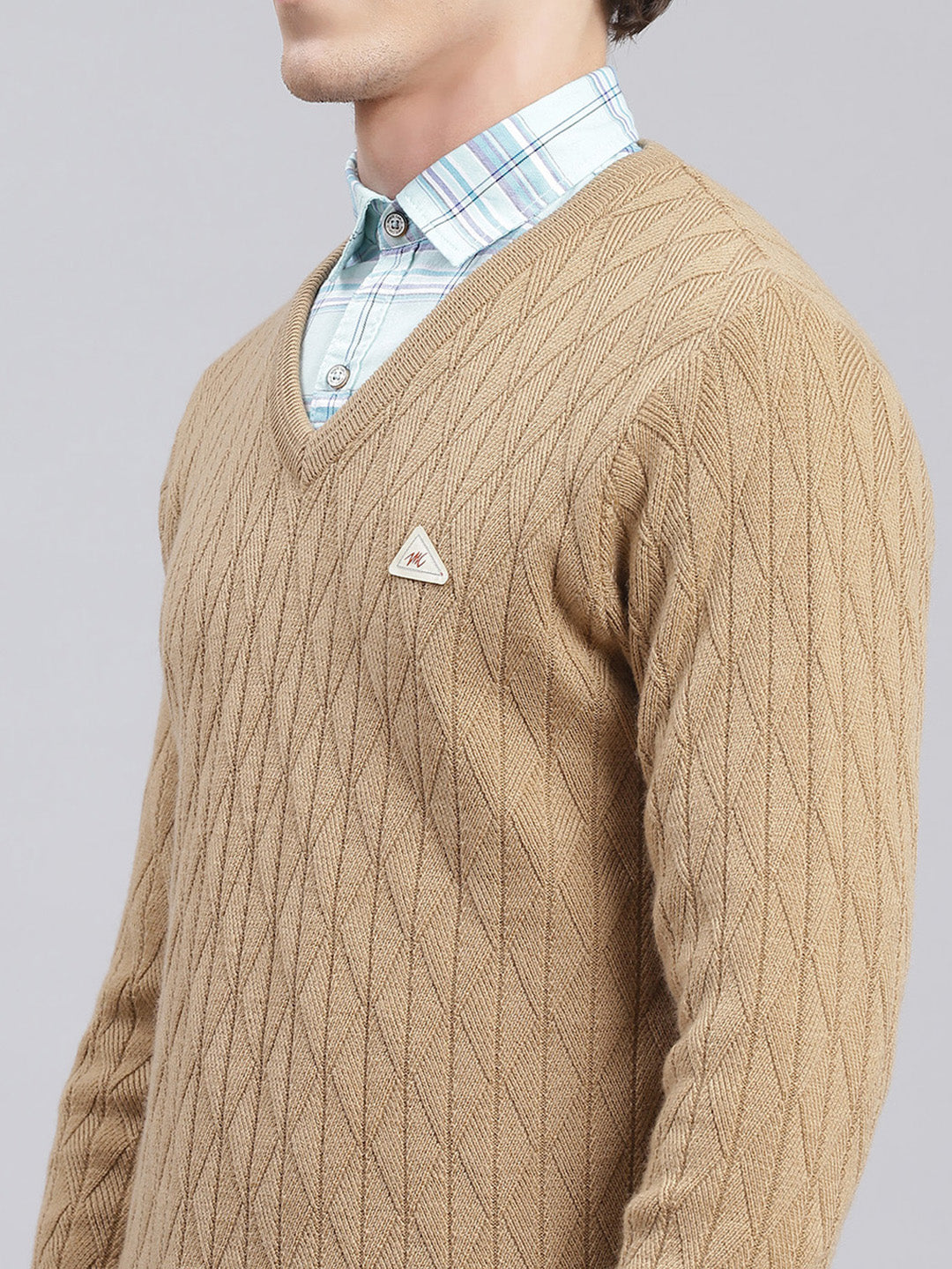 Men Camel Brown Self Design Wool blend Pullover