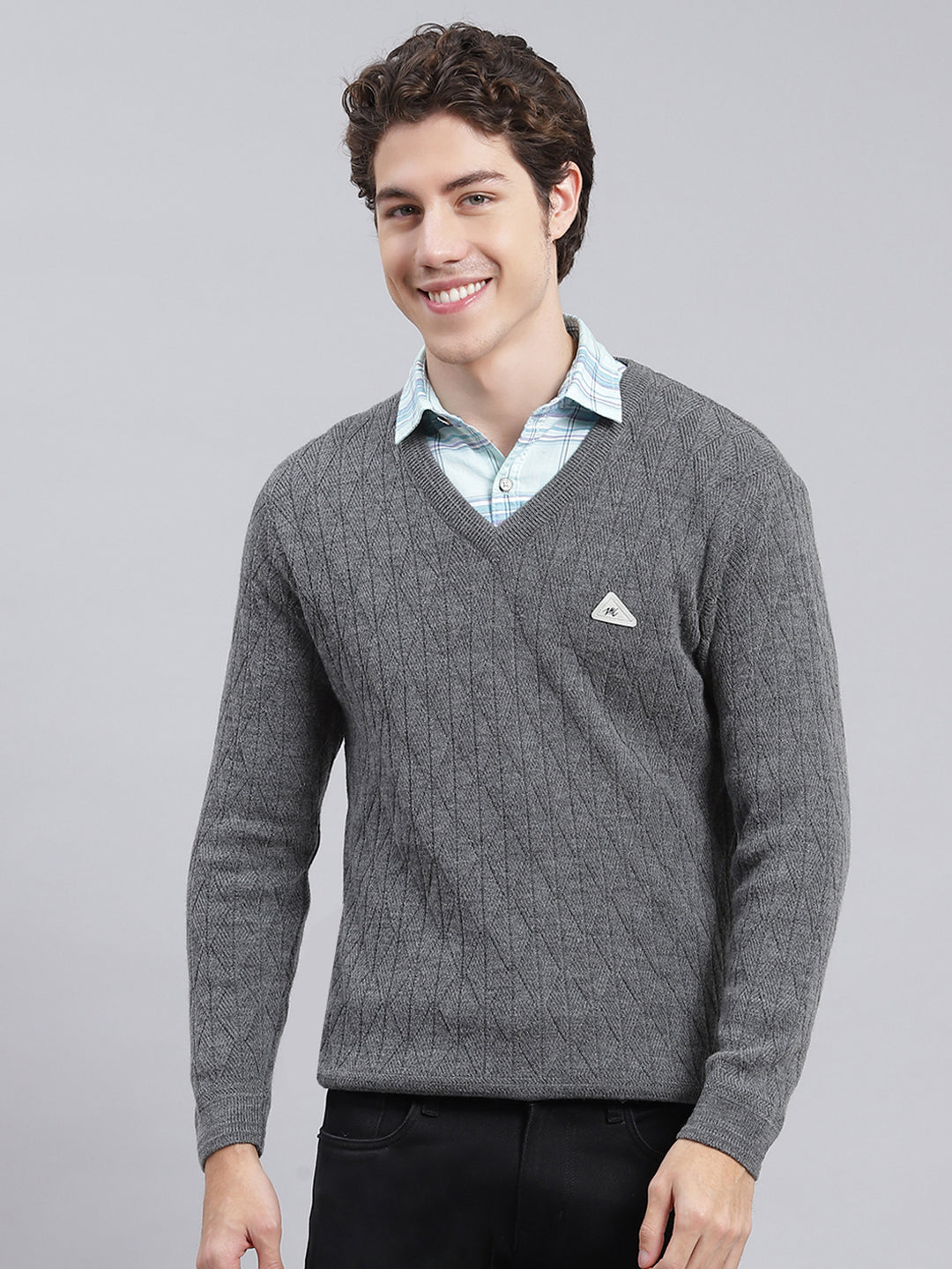 Men Grey Self Design Wool blend Pullover