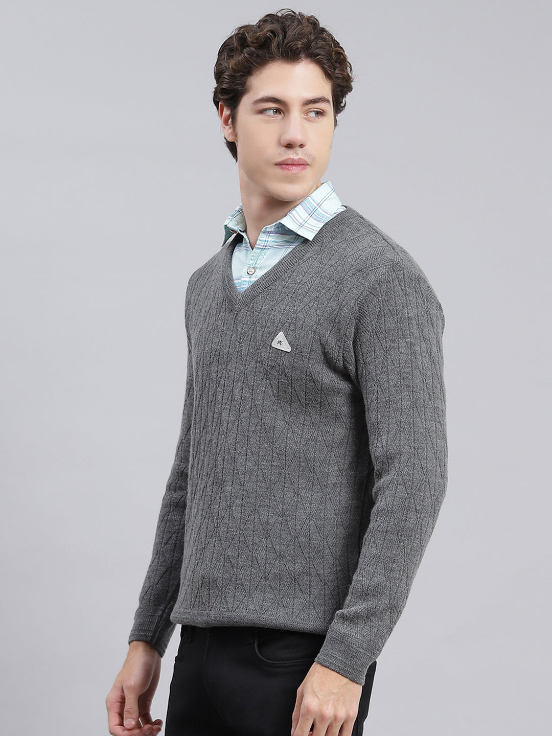 Men Grey Self Design Wool blend Pullover