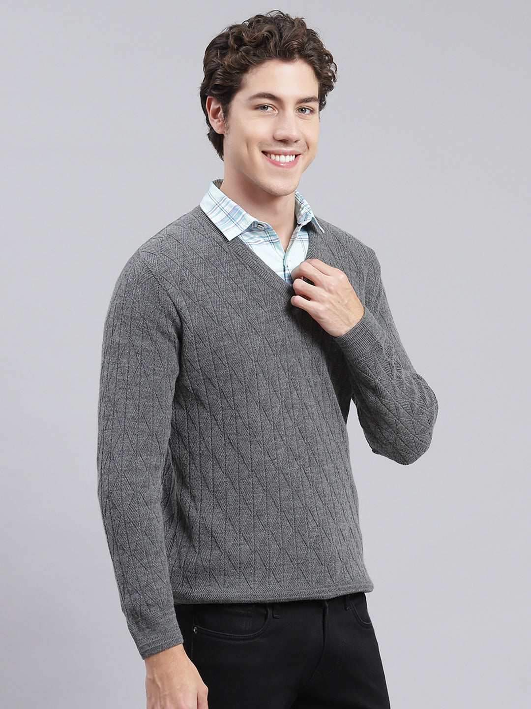 Men Grey Self Design Wool blend Pullover