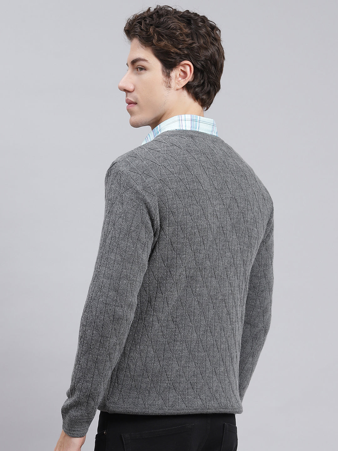 Men Grey Self Design Wool blend Pullover