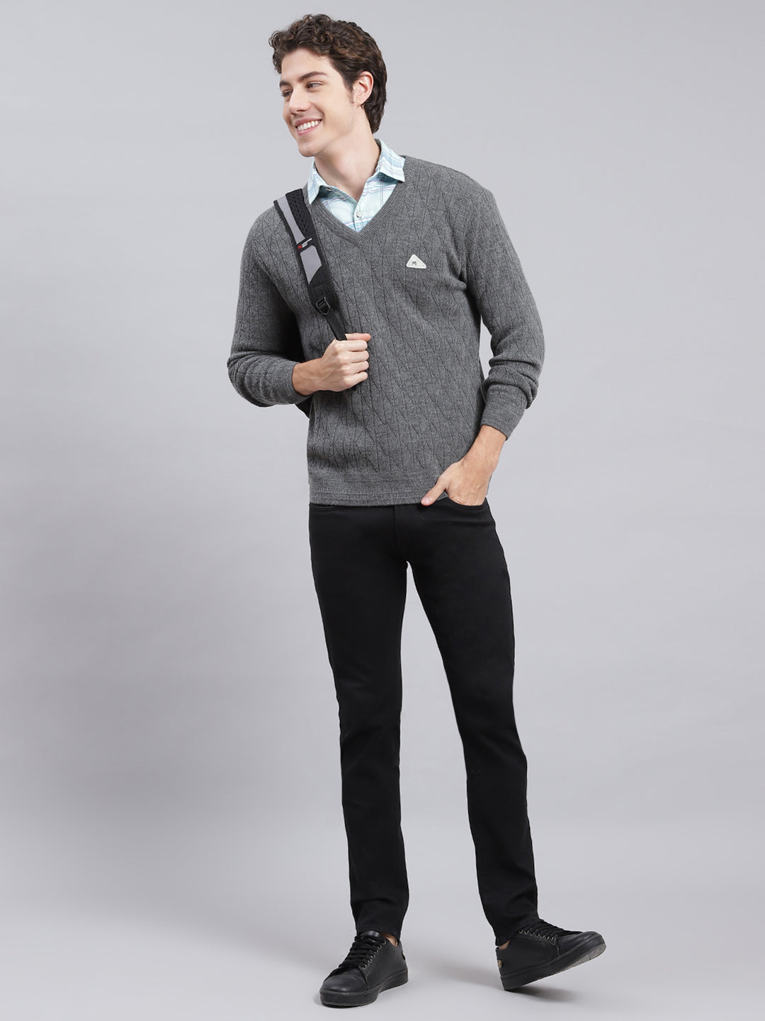 Men Grey Self Design Wool blend Pullover