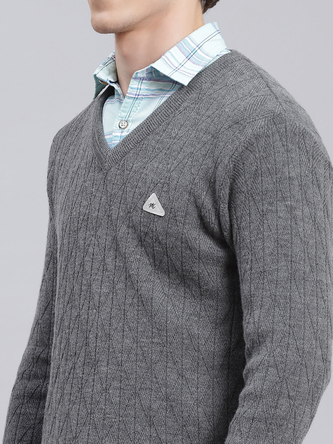 Men Grey Self Design Wool blend Pullover