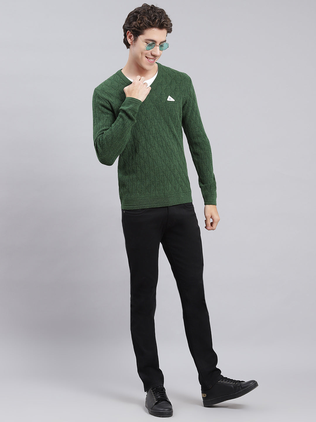 Men Green Self Design Wool blend Pullover