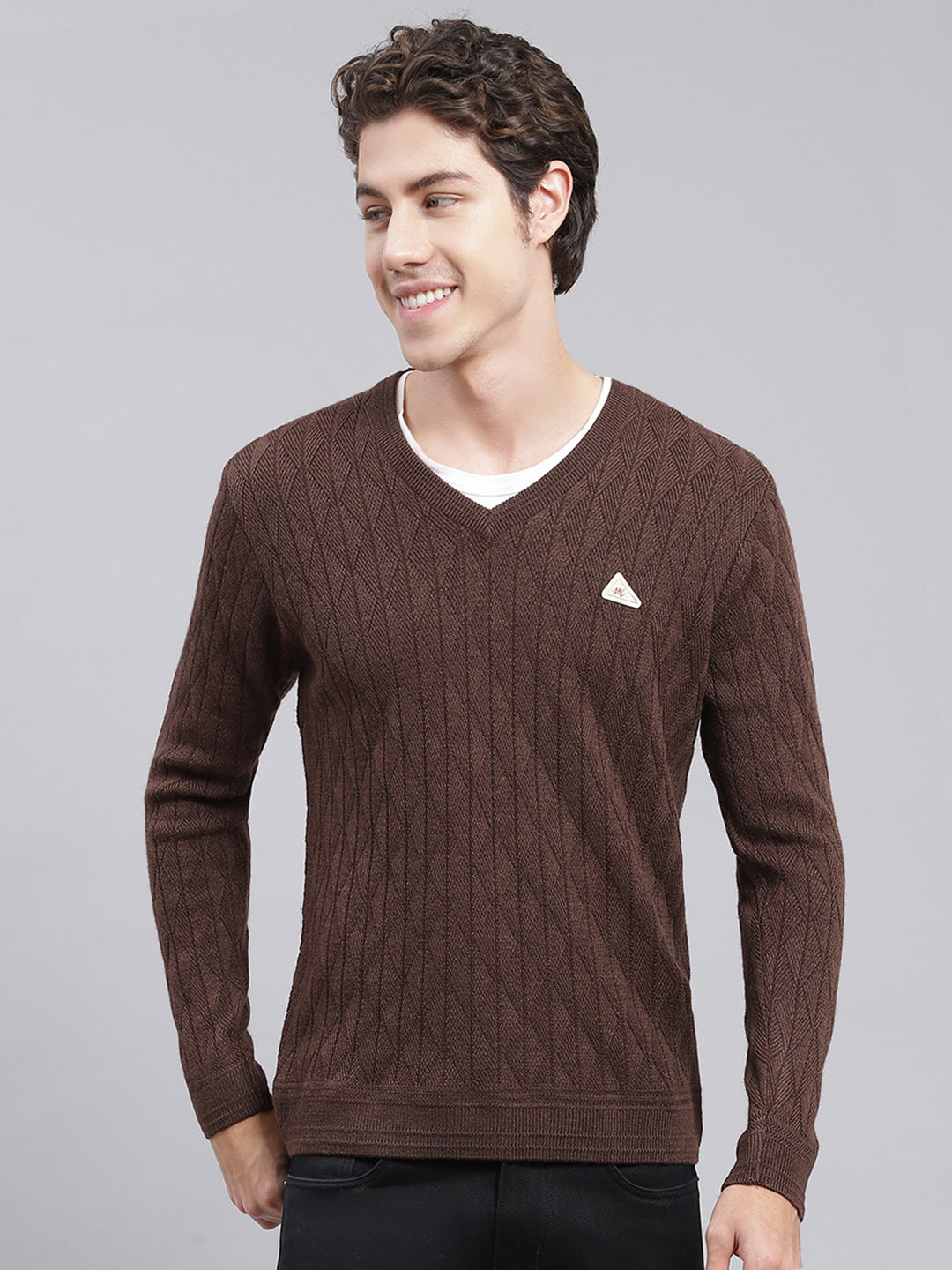 Men Brown Self Design Wool blend Pullover