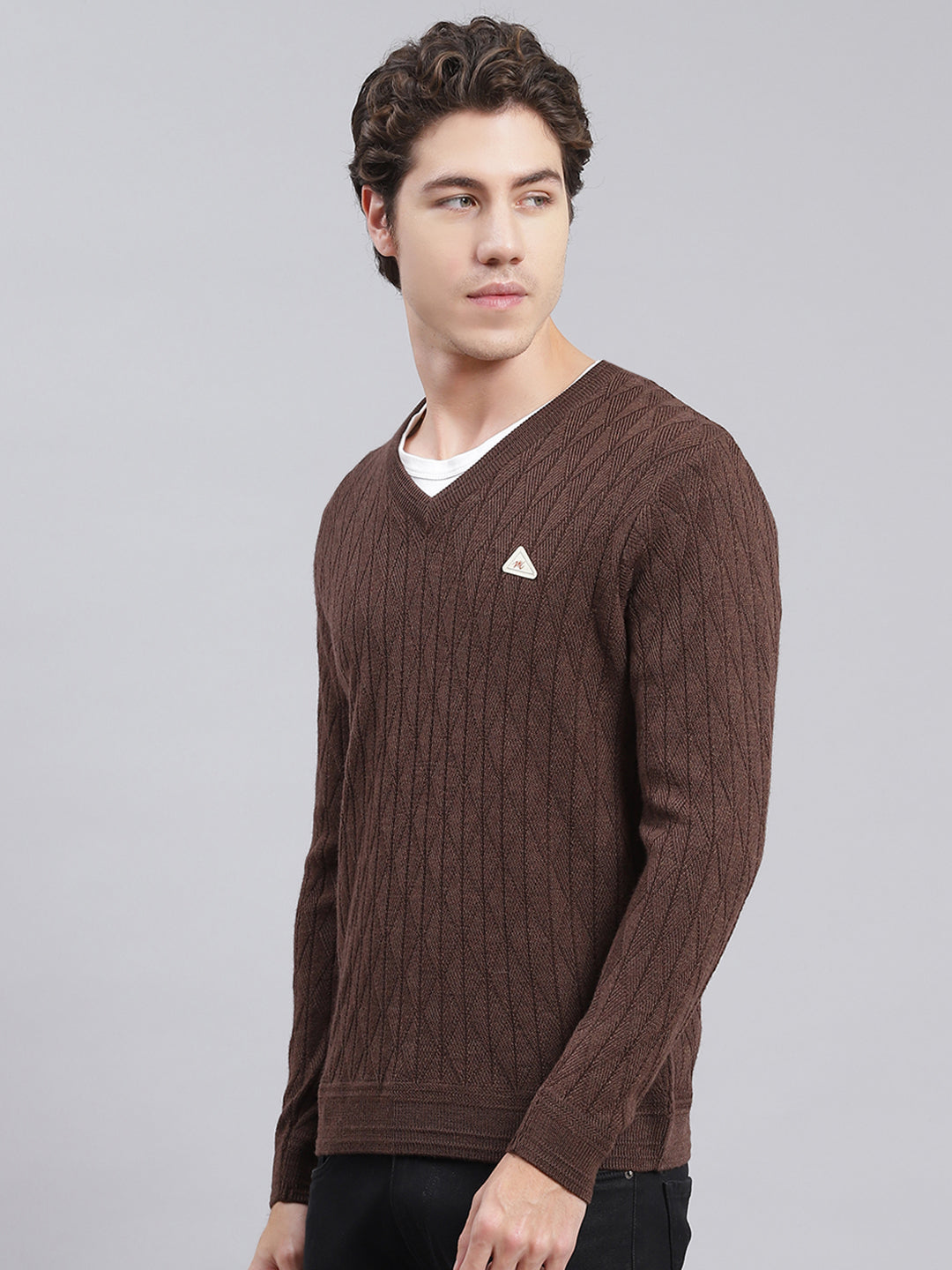 Men Brown Self Design Wool blend Pullover