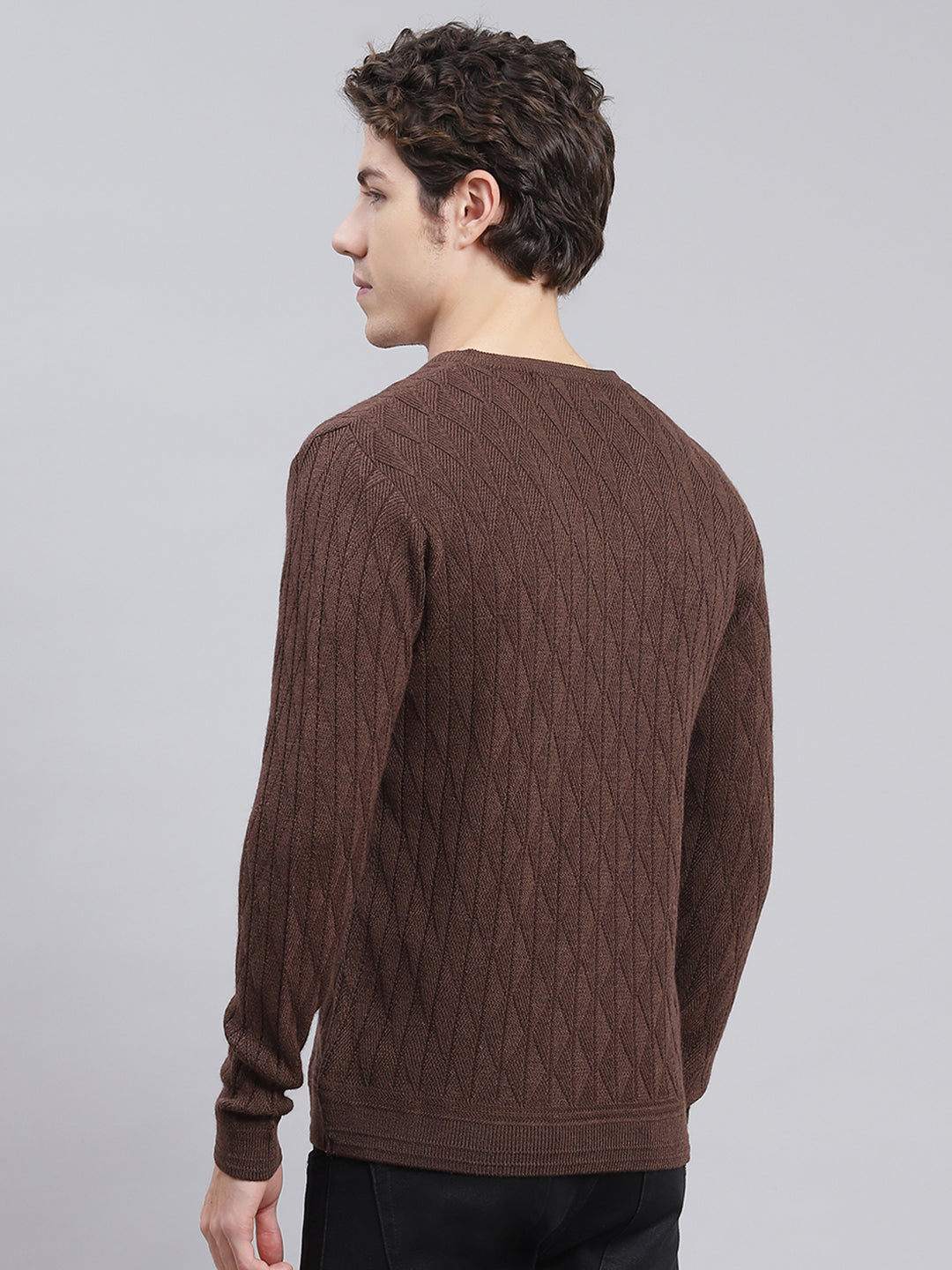 Men Brown Self Design Wool blend Pullover