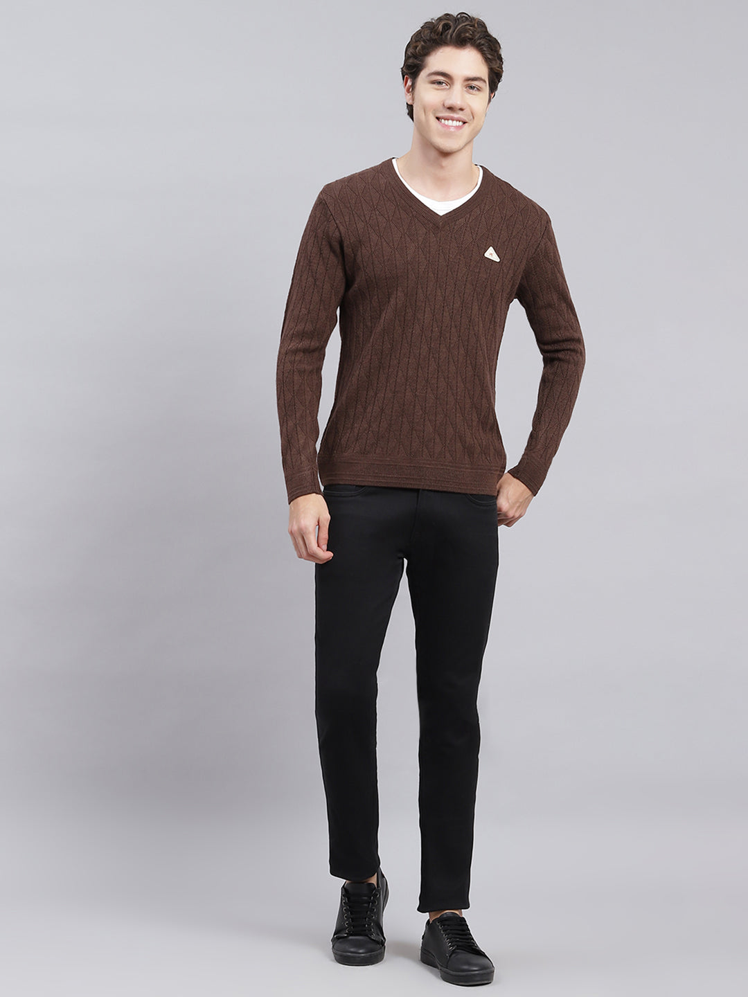 Men Brown Self Design Wool blend Pullover