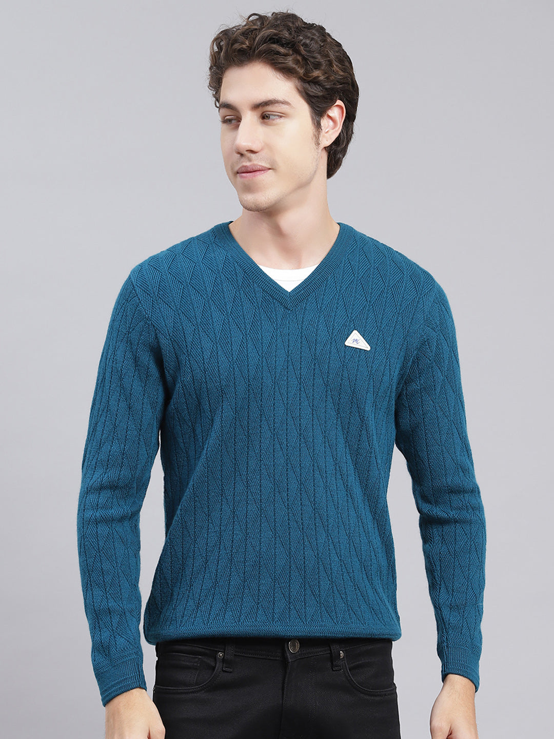 Men Teal Blue Self Design Wool blend Pullover