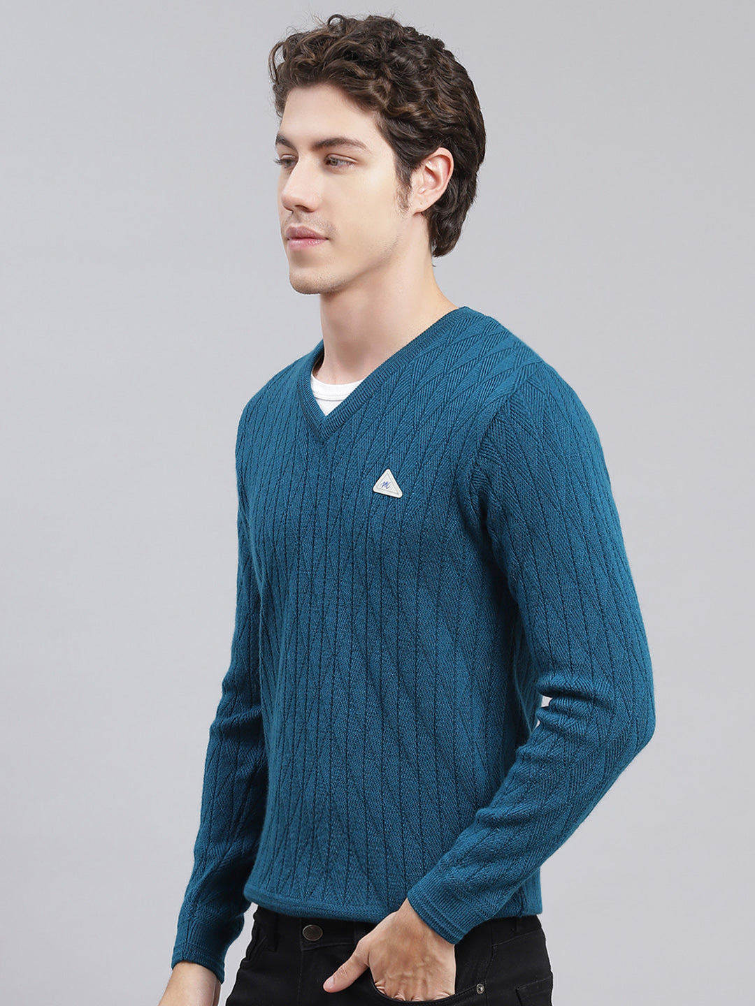 Men Teal Blue Self Design Wool blend Pullover