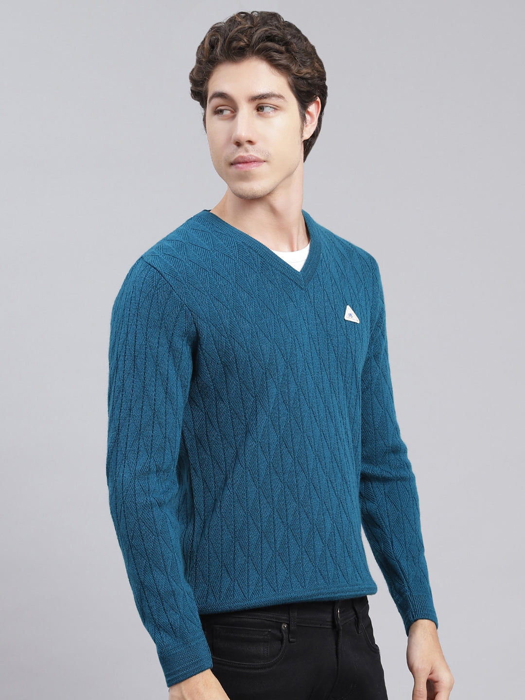 Men Teal Blue Self Design Wool blend Pullover