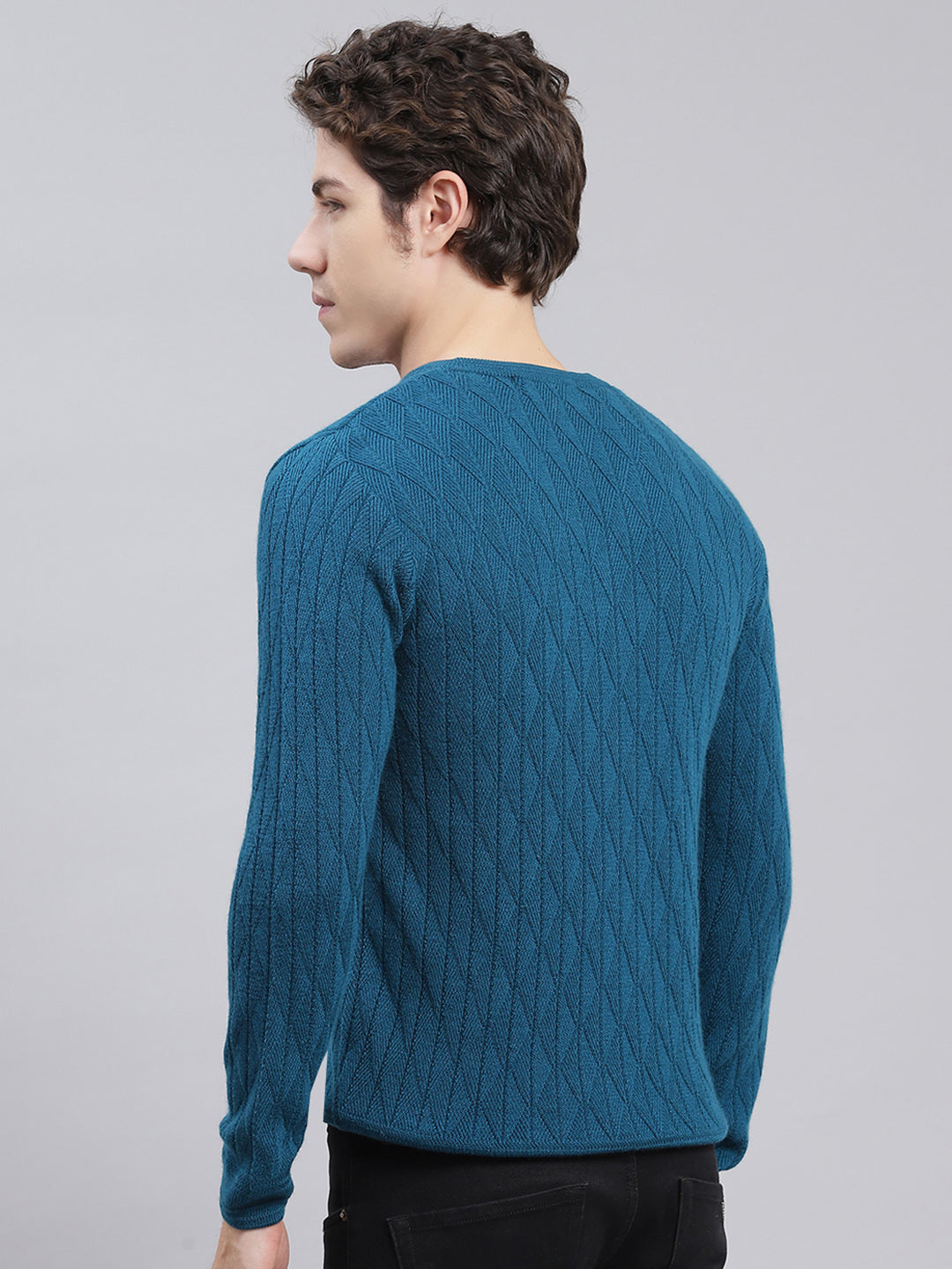 Men Teal Blue Self Design Wool blend Pullover