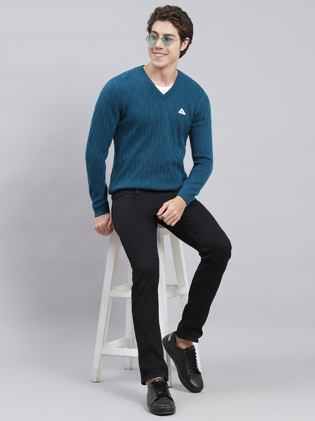 Men Teal Blue Self Design Wool blend Pullover