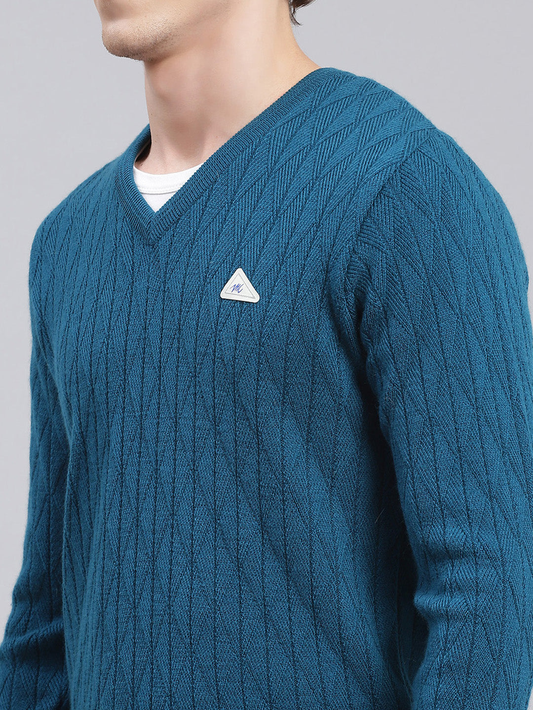 Men Teal Blue Self Design Wool blend Pullover