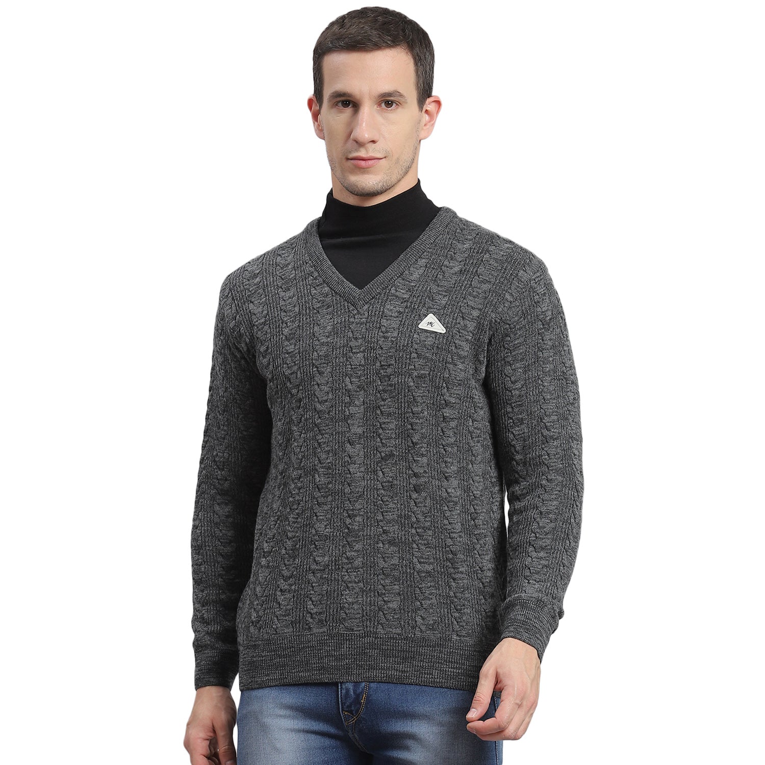 Men Grey Self Design V Neck Full Sleeve Sweater