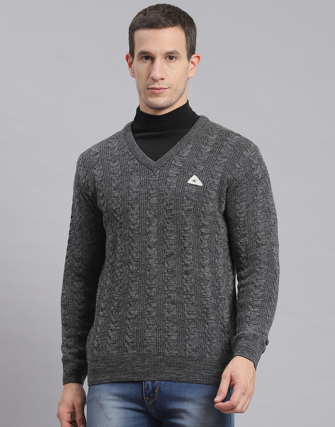 Men Grey Self Design V Neck Full Sleeve Sweater