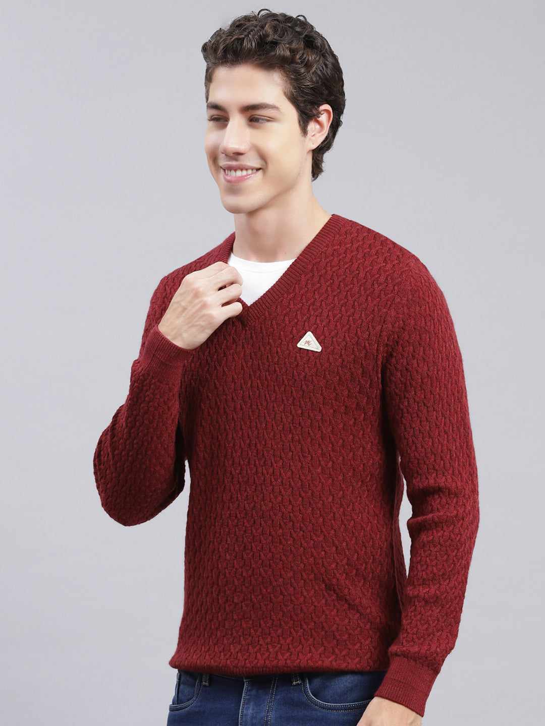 Men Maroon Self Design Wool blend Pullover