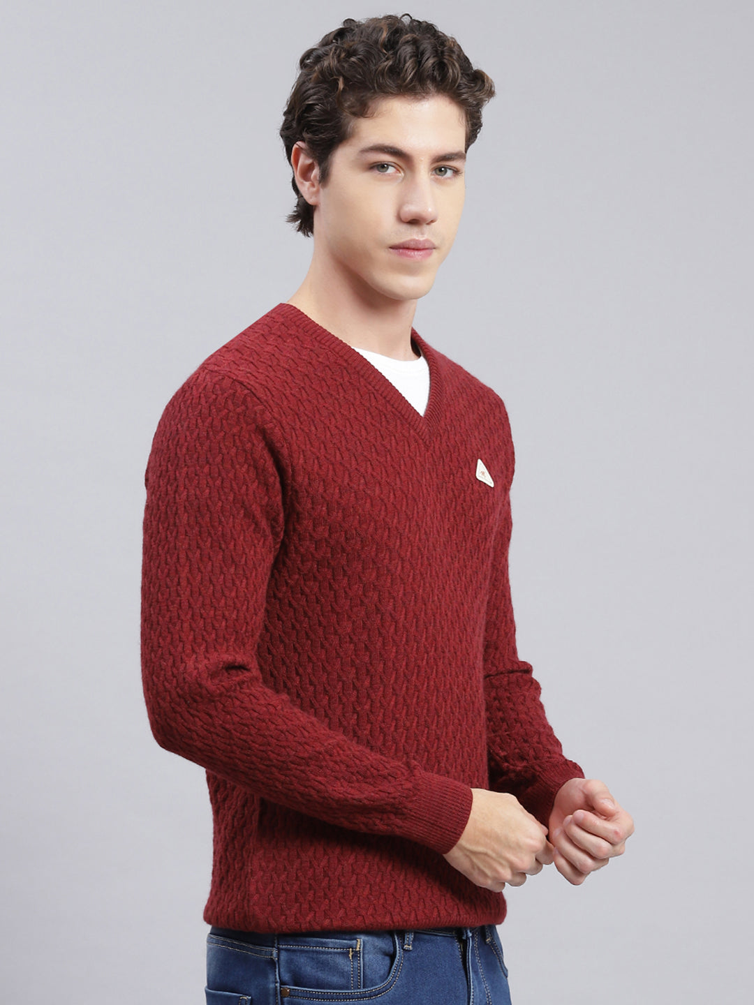 Men Maroon Self Design Wool blend Pullover