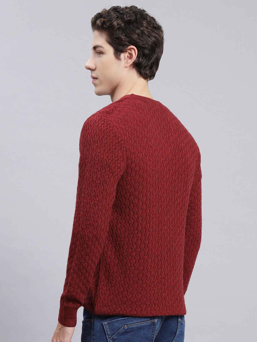 Men Maroon Self Design Wool blend Pullover