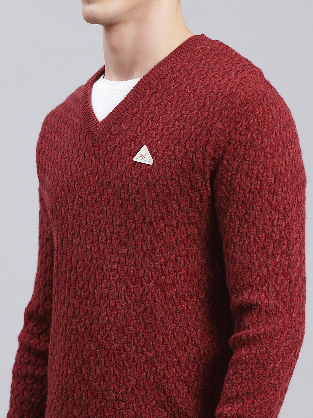 Men Maroon Self Design Wool blend Pullover