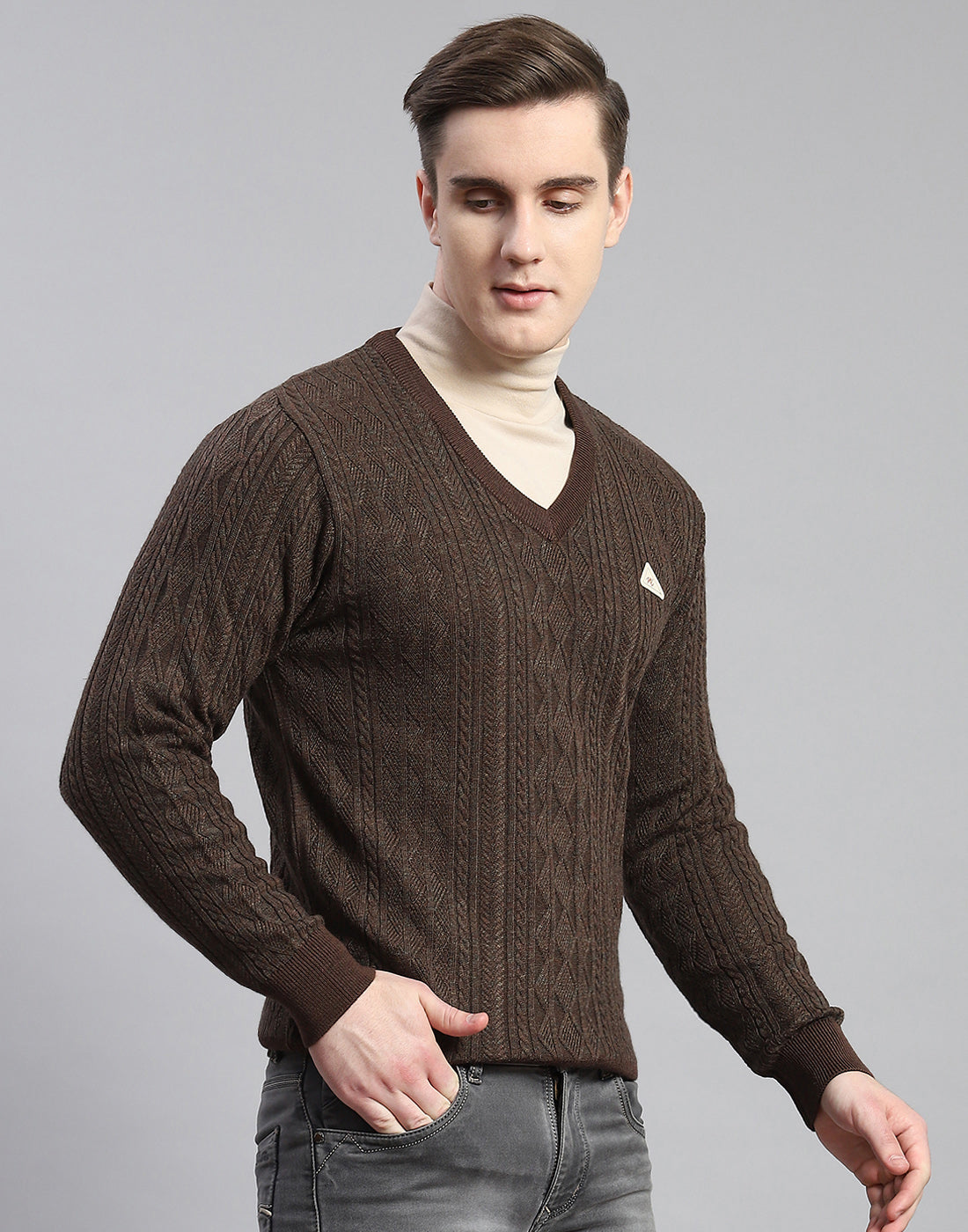 Men Brown Self Design V Neck Full Sleeve Pullover