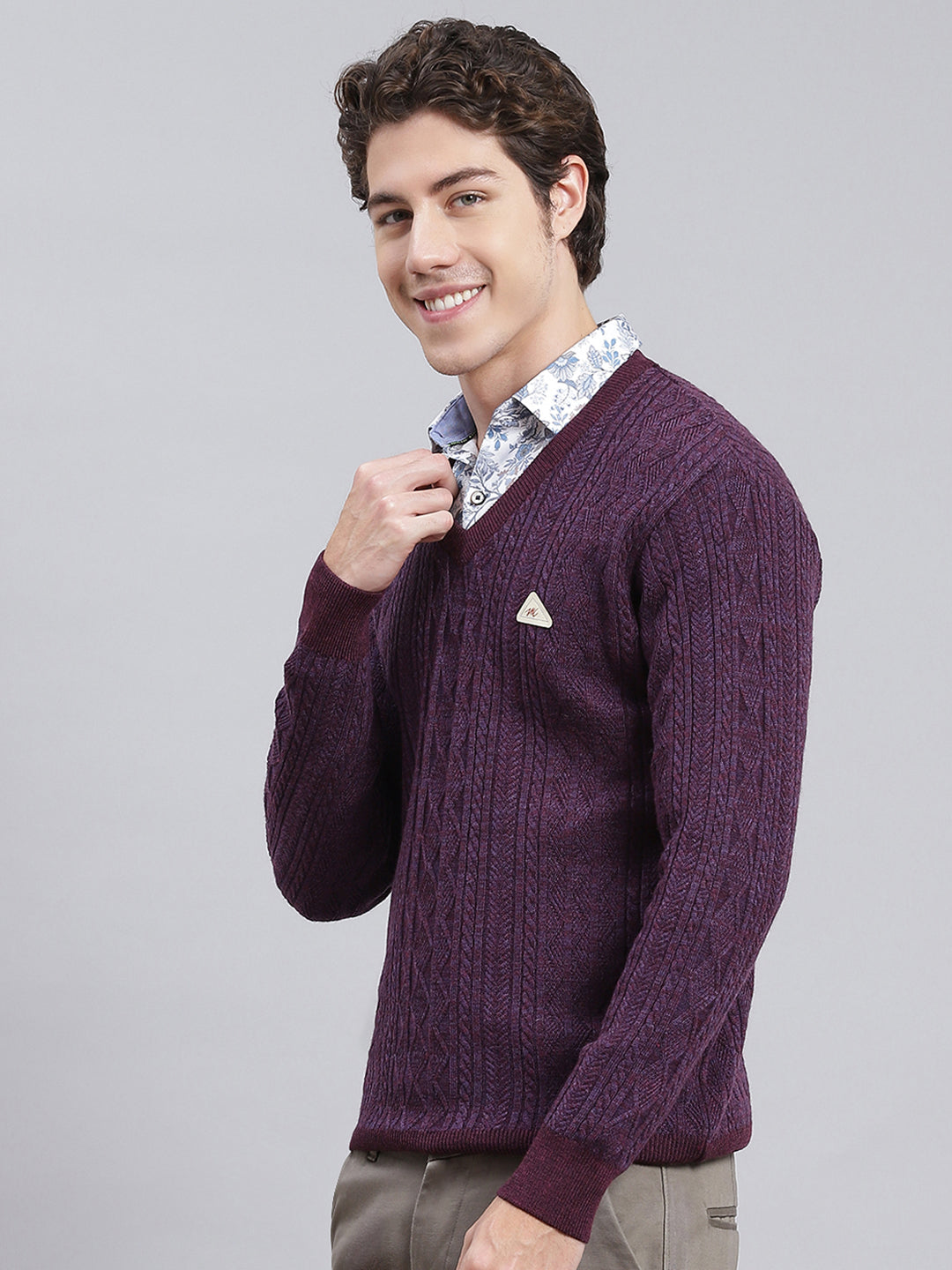 Men Purple Self Design Wool blend Pullover