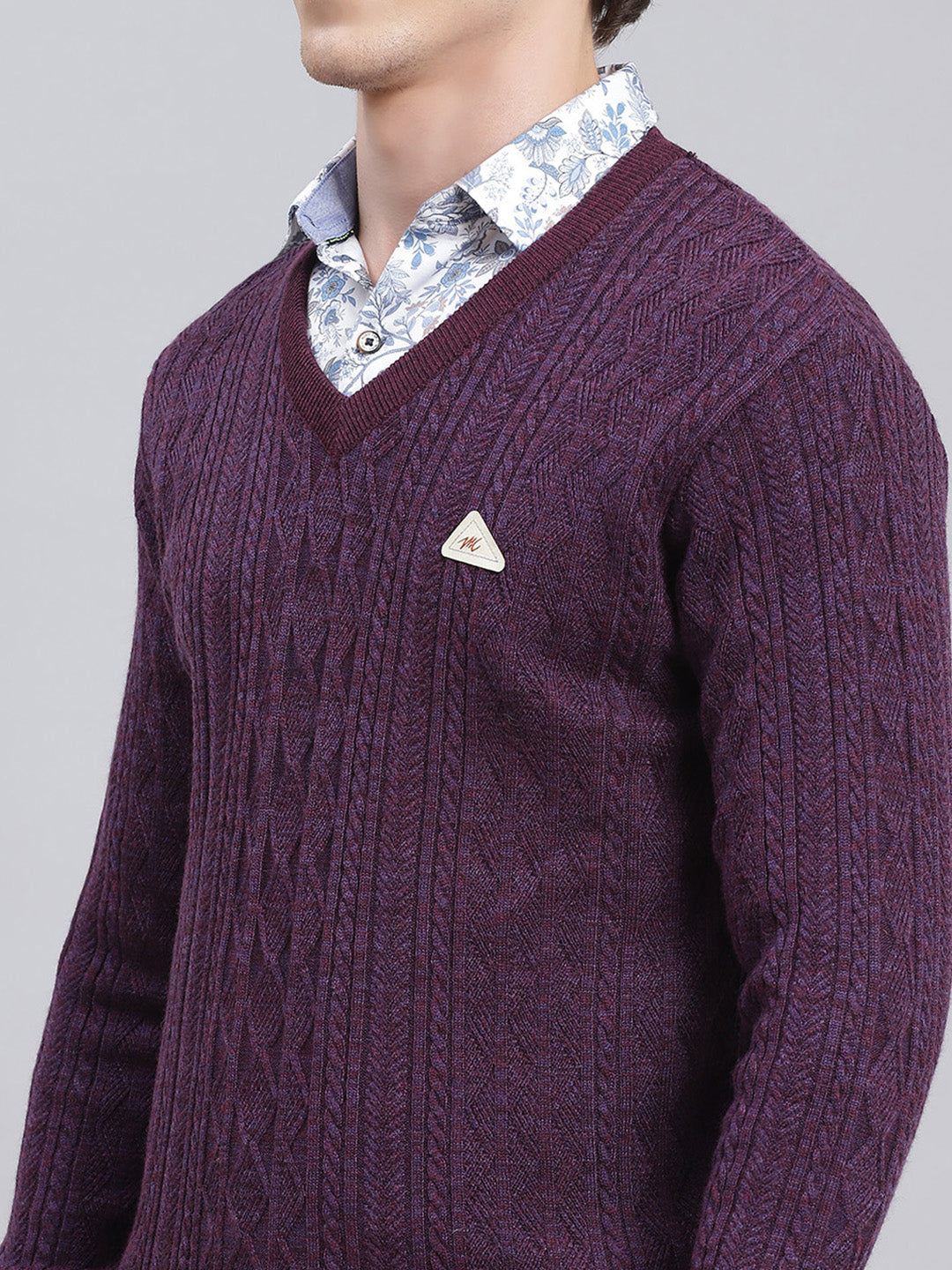 Men Purple Self Design Wool blend Pullover