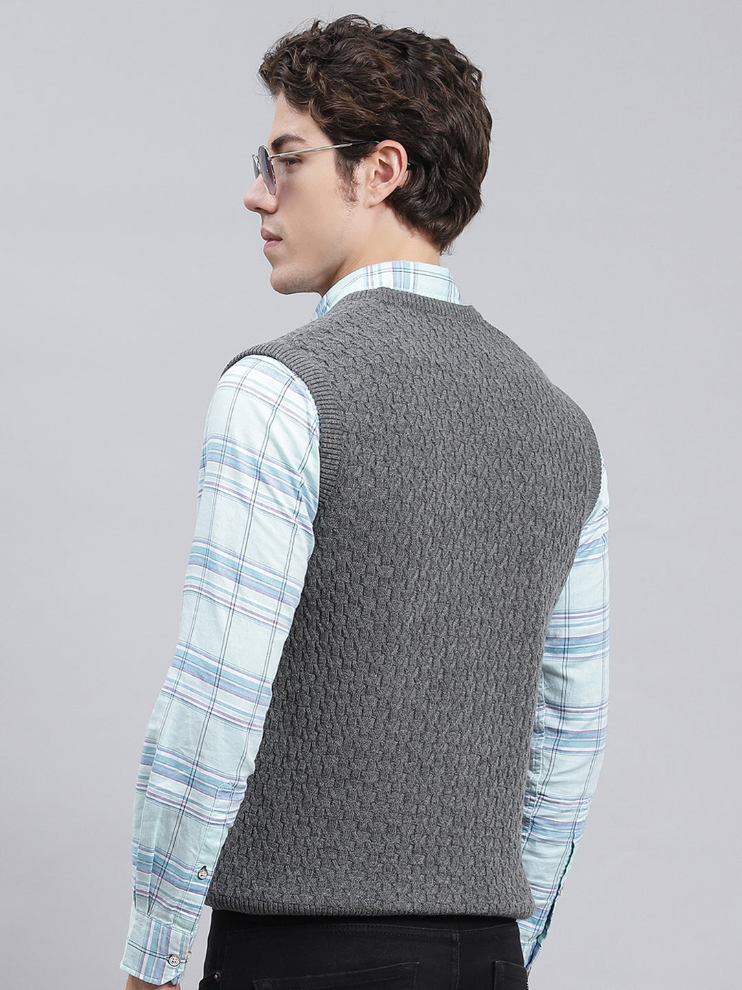 Men Grey Self Design Wool blend Sweater