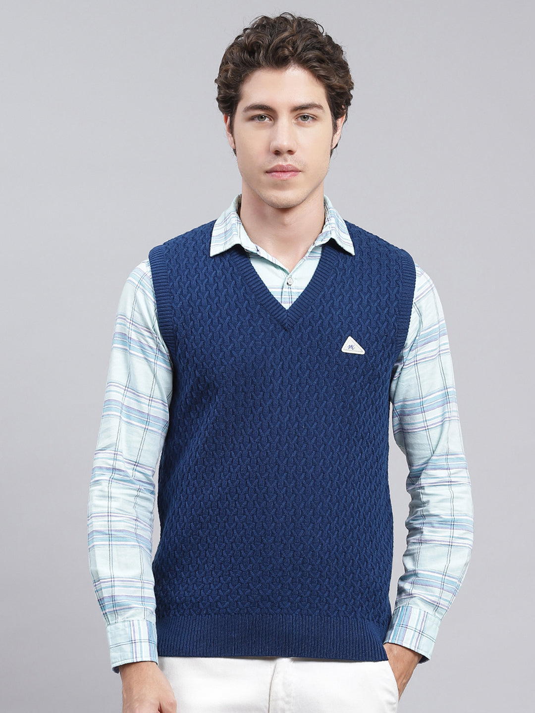 Men Blue Self Design Wool blend Sweater